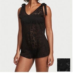 NWT Victoria's Secret Swim Black Crochet Lace Romper Cover-Up, Sz Small